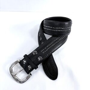 Wild Card Leather Belt Black Studded Silver Buckle Wide Biker Punk 40 Inch Glam
